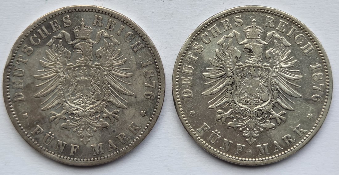  Kaiserreich: Preußen, 5 Mark Wilhelm I. (Jaeger 97), 2 Stück (1876 B + 1876 C)   