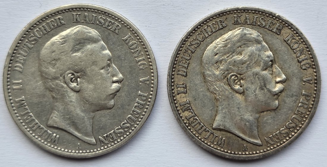  Kaiserreich: Preußen, 2 Mark Wilhelm II. (Jaeger 102), 2 Stück (1902 + 1904)   