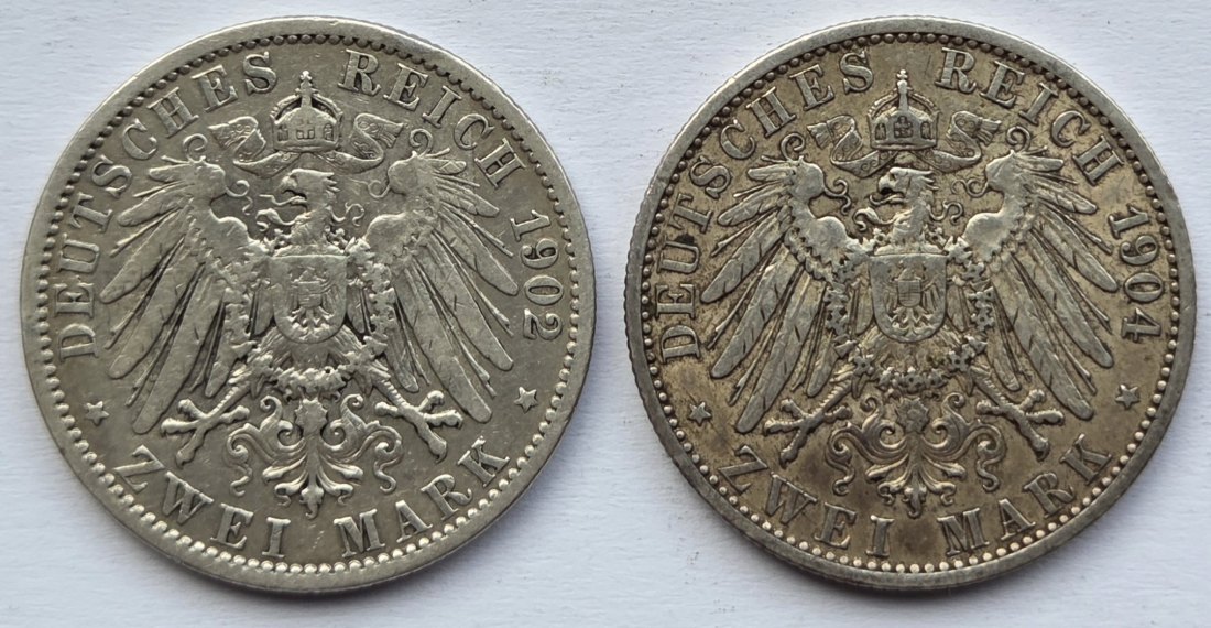  Kaiserreich: Preußen, 2 Mark Wilhelm II. (Jaeger 102), 2 Stück (1902 + 1904)   
