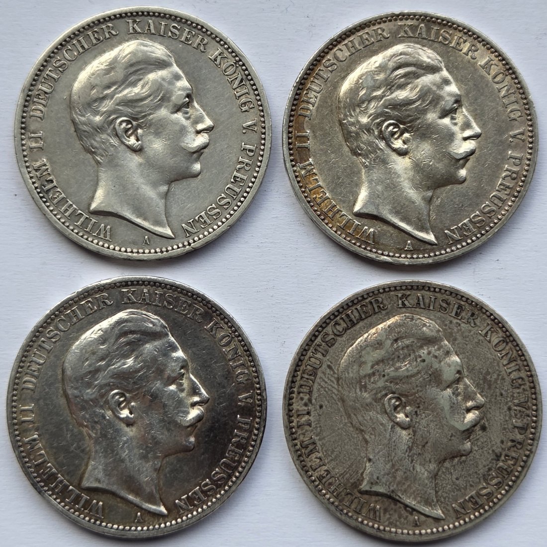  Kaiserreich: Preußen, 3 Mark Wilhelm II. (Jaeger 103), 4 Stück (1908-1911)   