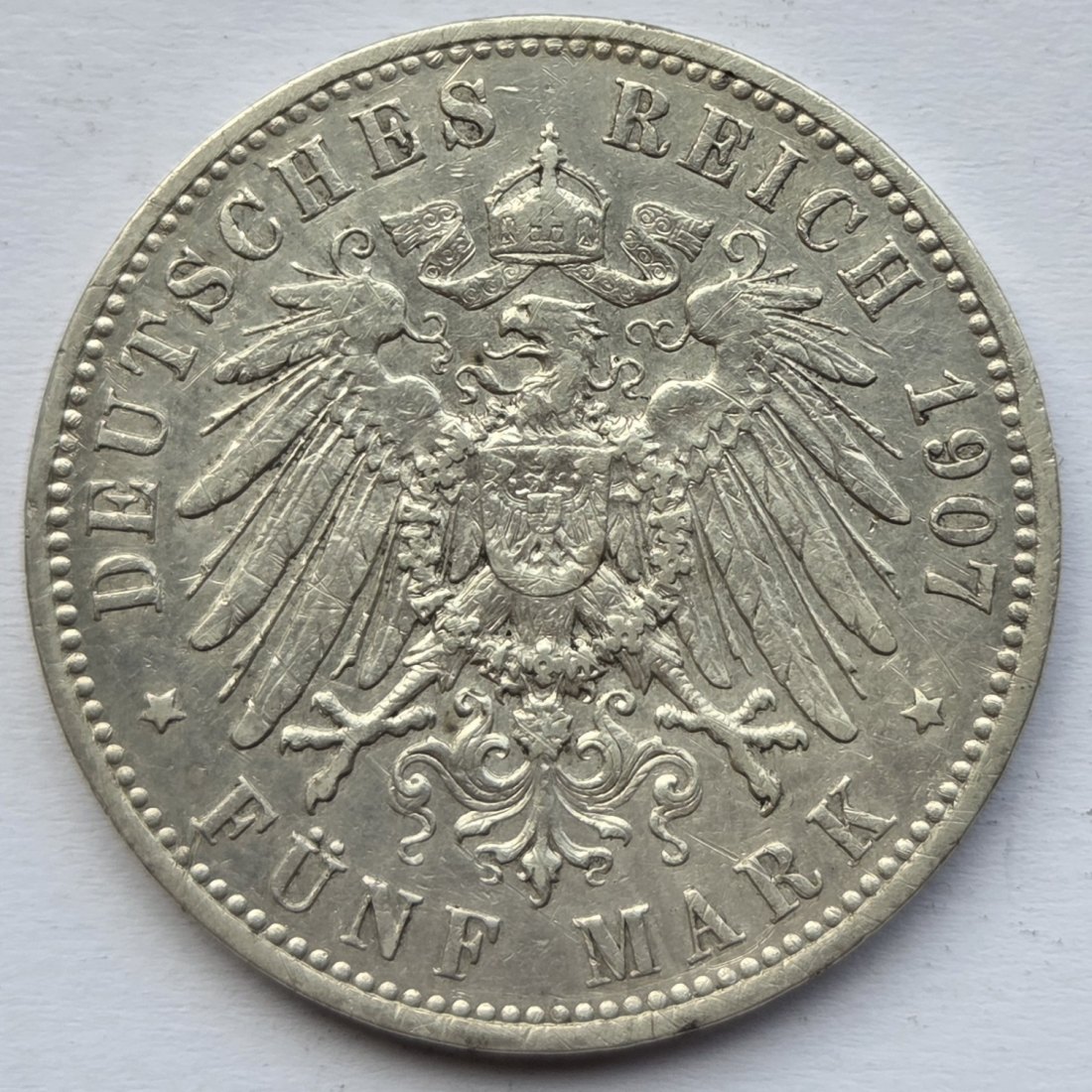  Kaiserreich: Preußen, 5 Mark Wilhelm II. (Jaeger 104), 1907   