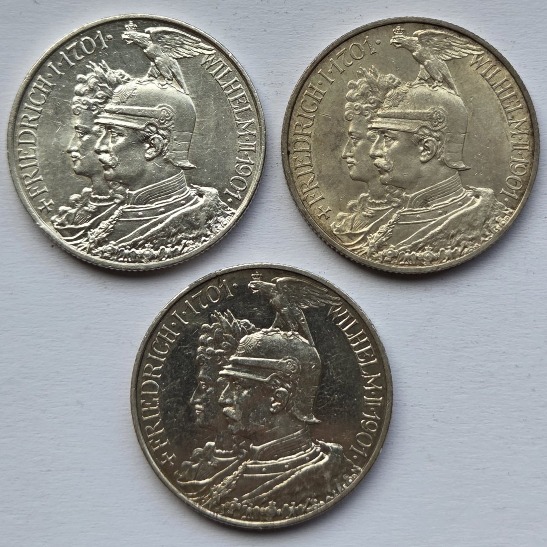  Kaiserreich: Preußen, 2 Mark 200 Jahre Königreich 1901 (Jaeger 105), 3 Stück   