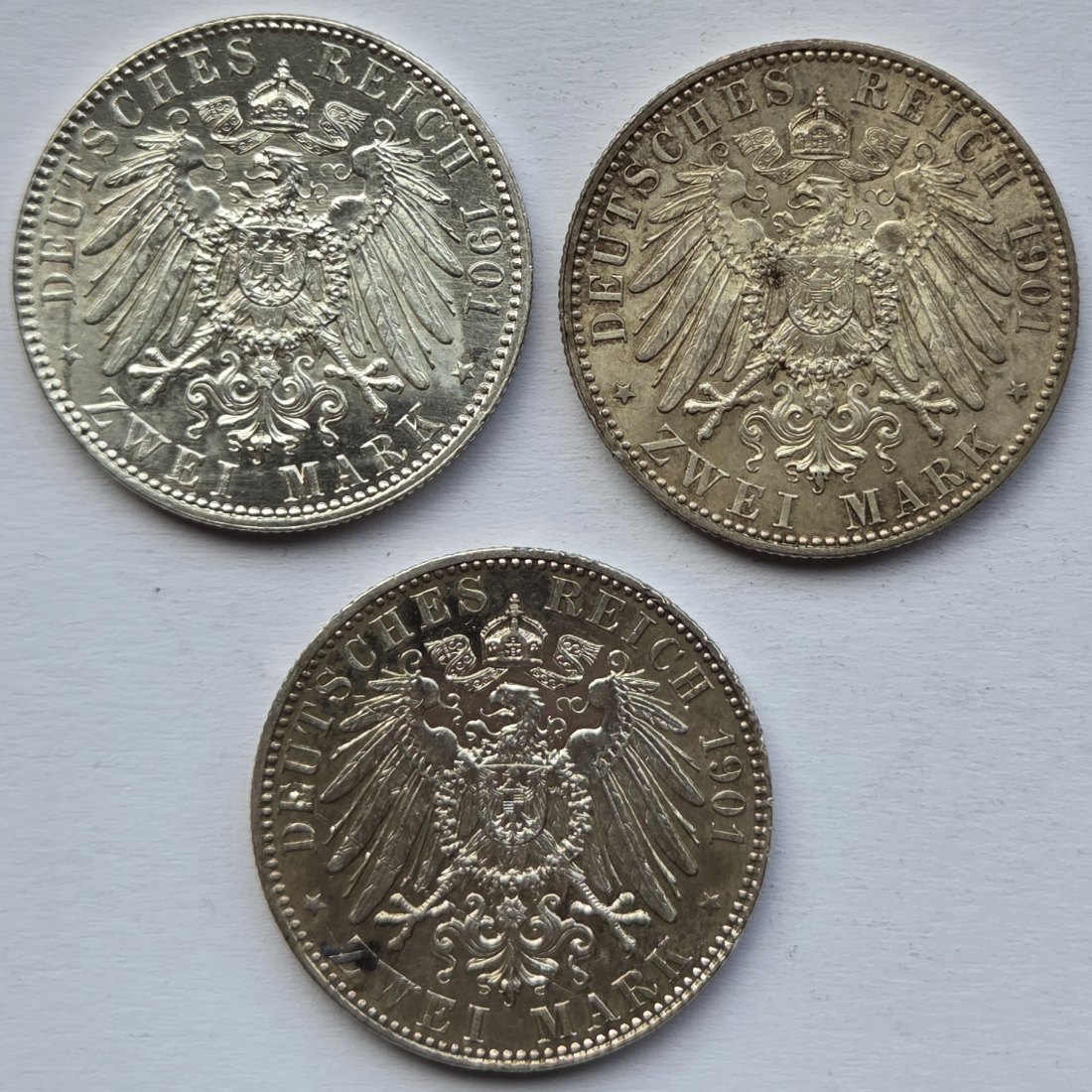  Kaiserreich: Preußen, 2 Mark 200 Jahre Königreich 1901 (Jaeger 105), 3 Stück   