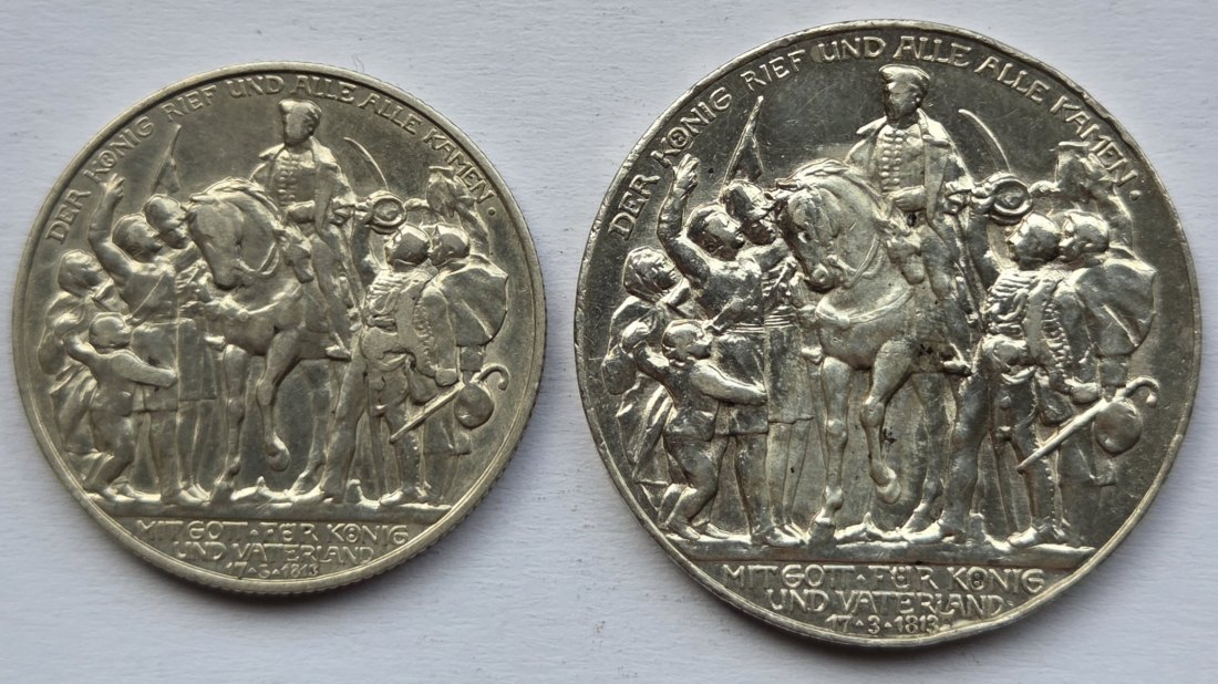  Kaiserreich: Preußen, 2 + 3 Mark Befreiungskriege 1913 (Jaeger 109 + 110)   