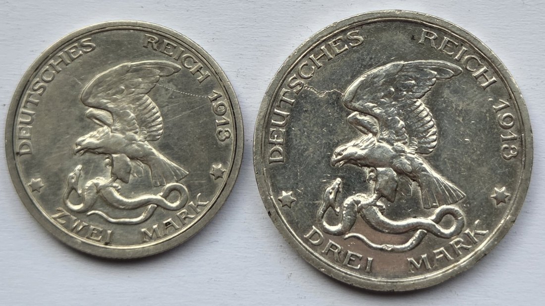  Kaiserreich: Preußen, 2 + 3 Mark Befreiungskriege 1913 (Jaeger 109 + 110)   