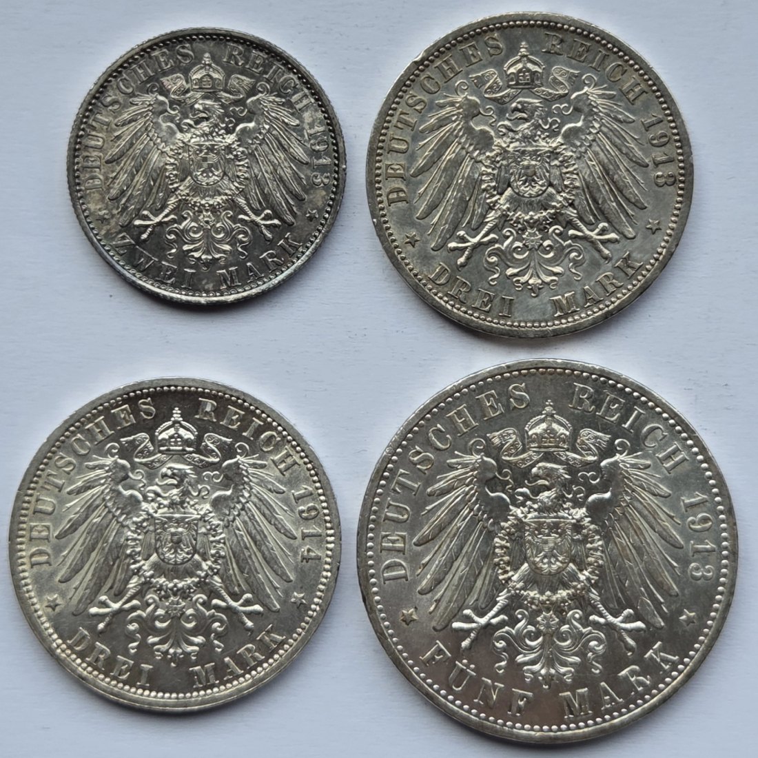  Kaiserreich: Preußen, 2 + 3 + 3 + 5 Mark Wilhelm II. in Uniform 1913/1914   