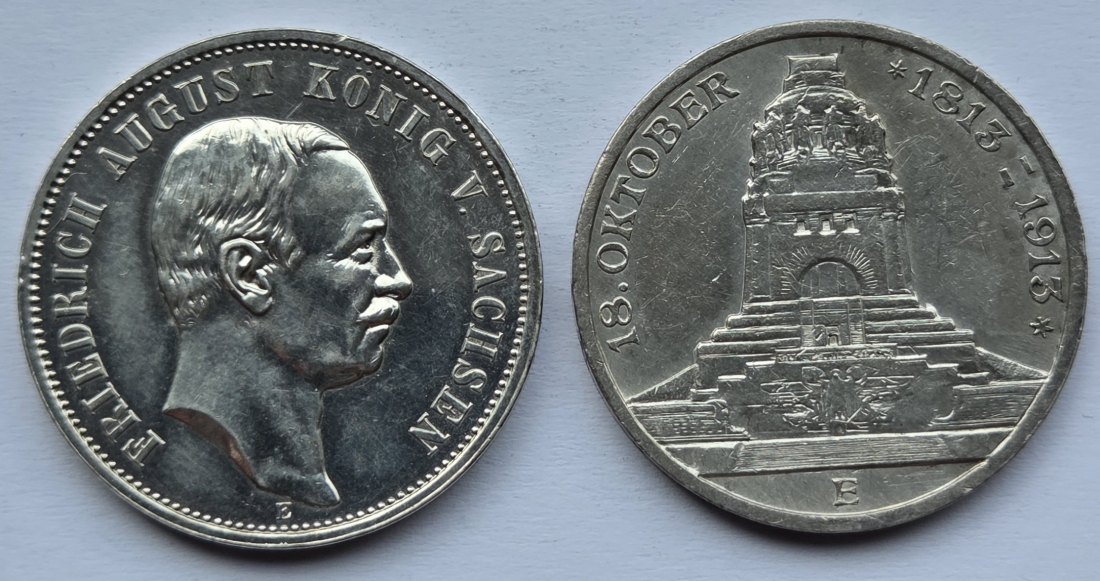  Kaiserreich: Sachsen, 2 x 3 Mark (1910 + Völkerschlachtdenkmal)   