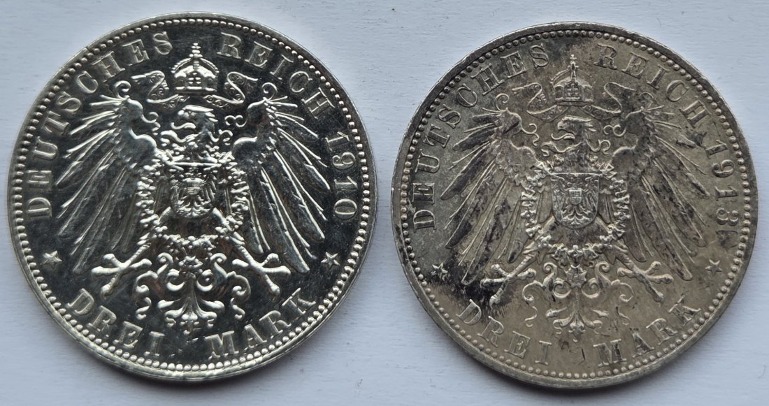  Kaiserreich: Sachsen, 2 x 3 Mark (1910 + Völkerschlachtdenkmal)   