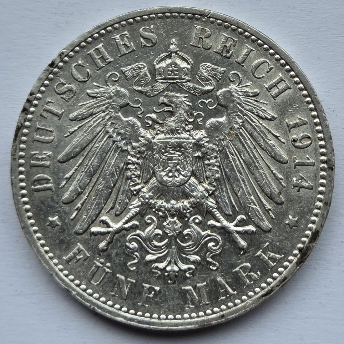  Kaiserreich: Sachsen, 5 Mark Friedrich August III. (Jaeger 136), 1914   