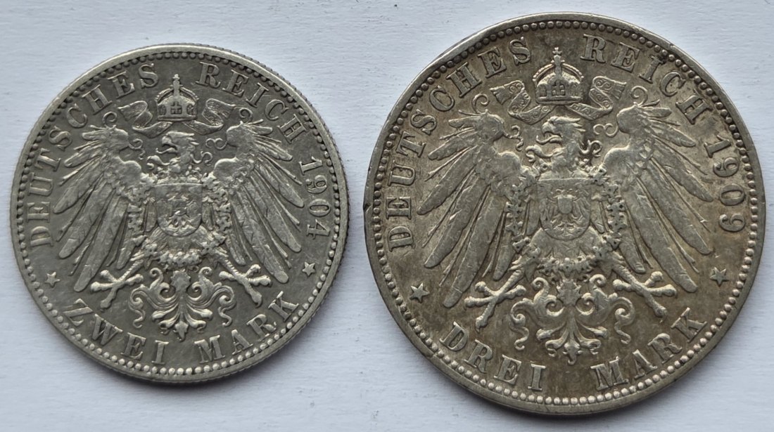  Kaiserreich: Württemberg, 2 + 3 Mark Wilhelm II. (Jaeger 174 + 175), 1904 + 1909   