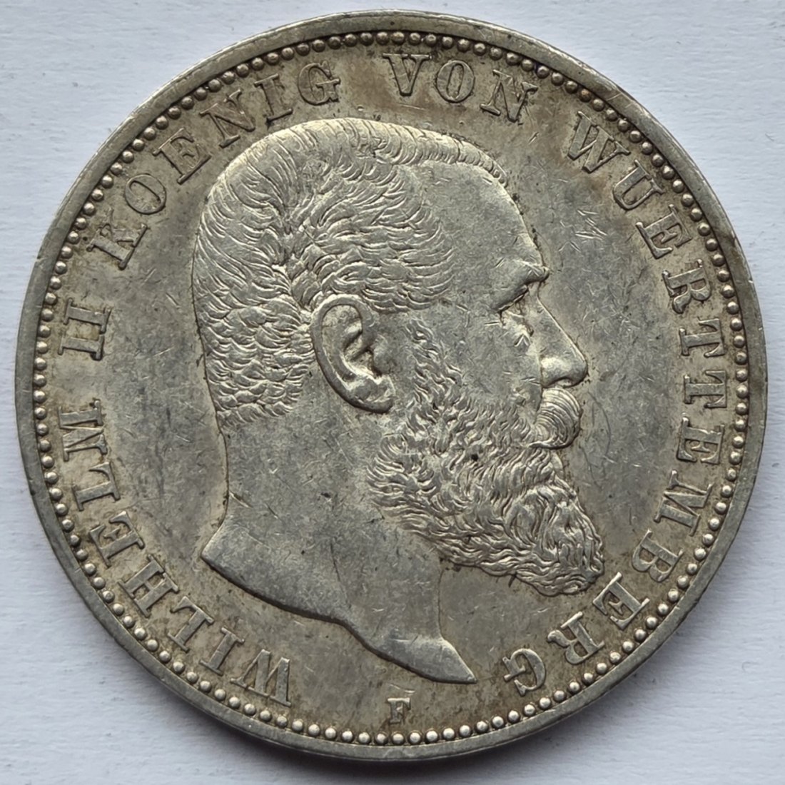  Kaiserreich: Württemberg, 5 Mark Wilhelm II. (Jaeger 176), 1908   