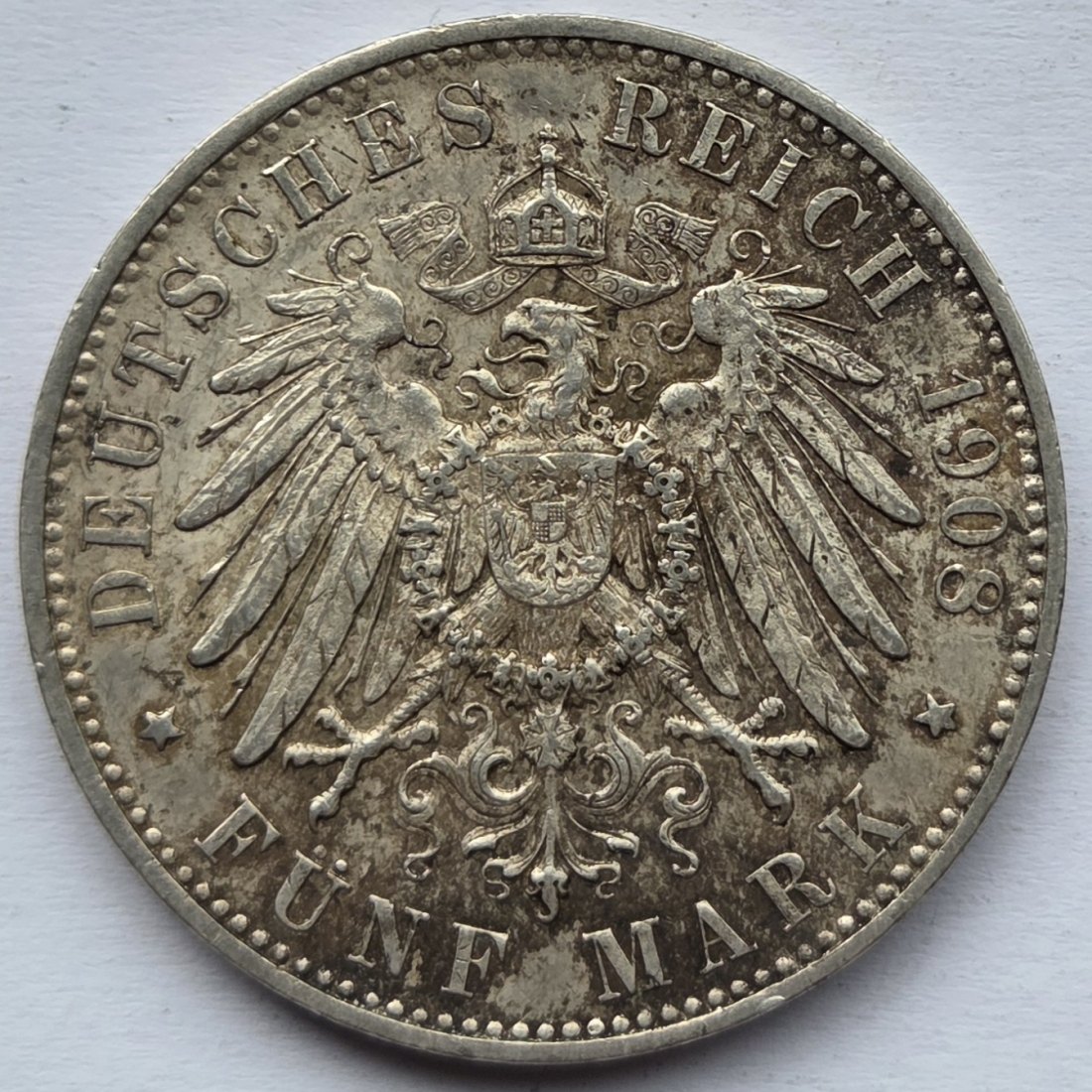  Kaiserreich: Württemberg, 5 Mark Wilhelm II. (Jaeger 176), 1908   