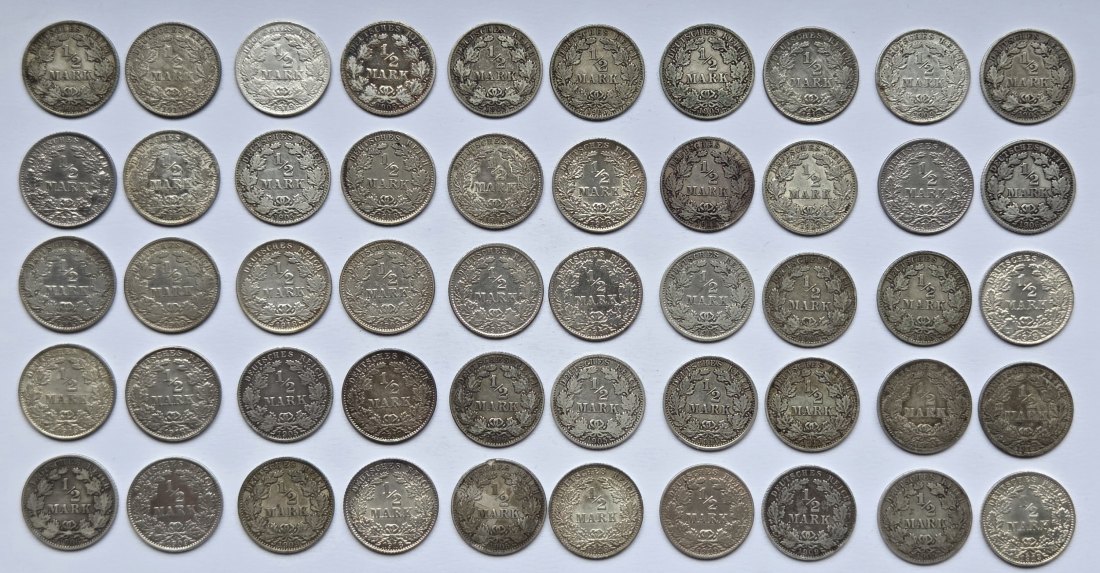  Kaiserreich: 50 x 1/2 Mark, zusammen 125 g Feinsilber   