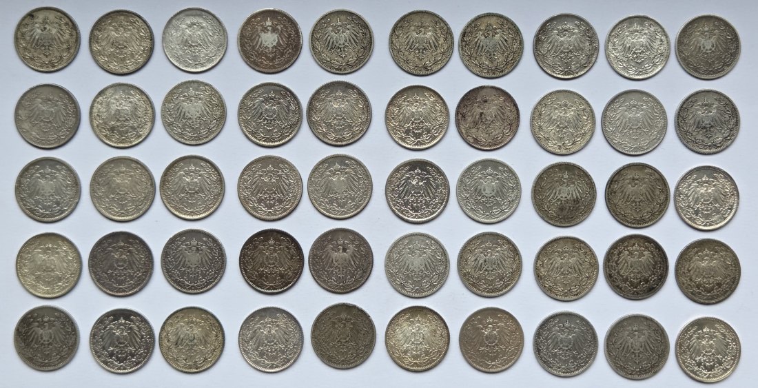  Kaiserreich: 50 x 1/2 Mark, zusammen 125 g Feinsilber   