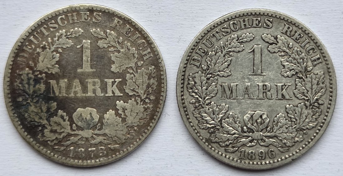  Kaiserreich: 2 x 1 Mark 1873 F + 1896 F   