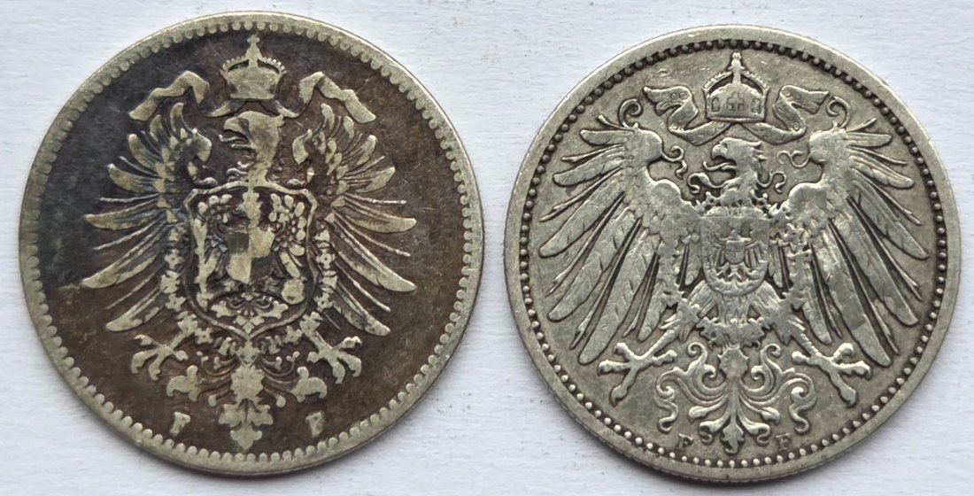  Kaiserreich: 2 x 1 Mark 1873 F + 1896 F   