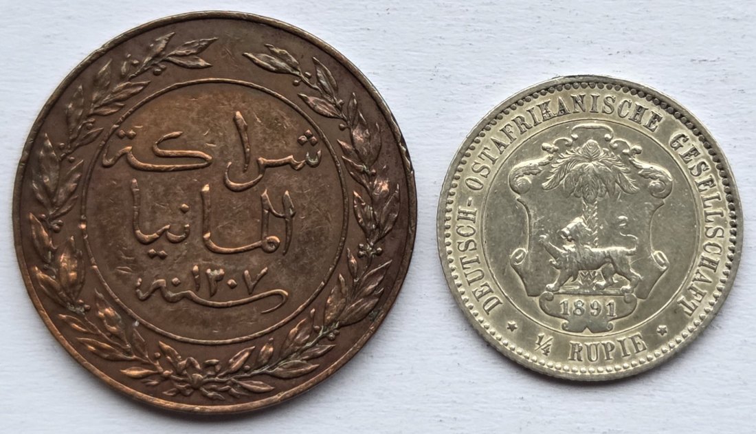  Deutsch-Ostafrika: 1/4 Rupie 1891, dazu noch 1 Paisa 1890   