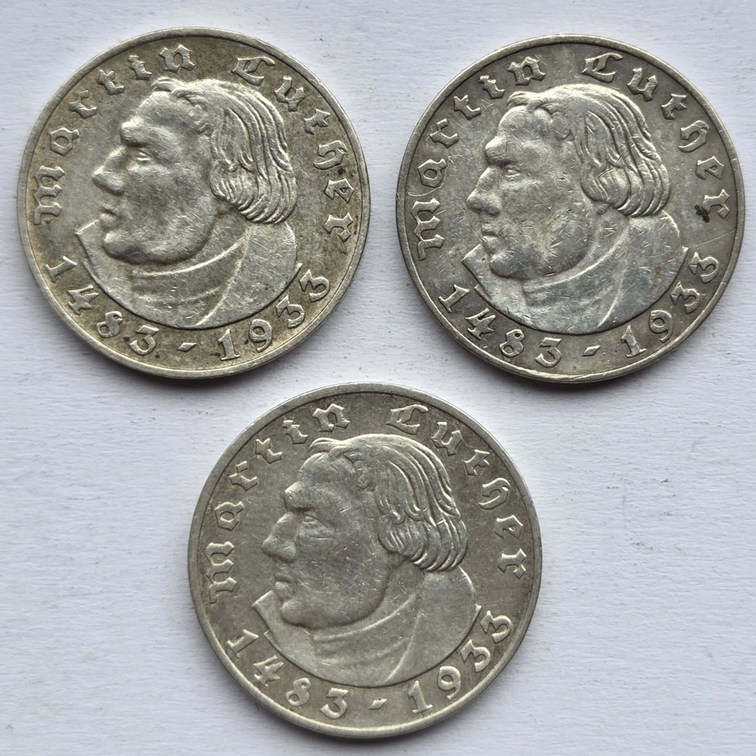  Deutsches Reich: 2 Mark Luther (Jaeger 352), 1933 A, 3 Stück   