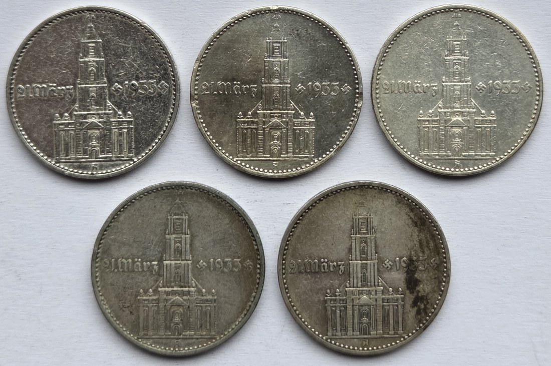  Deutsches Reich: 2 Mark Garnisonkirche 1934 (Jaeger 355), 5 Stück (alle A), zusammen 25 g Feinsilber   