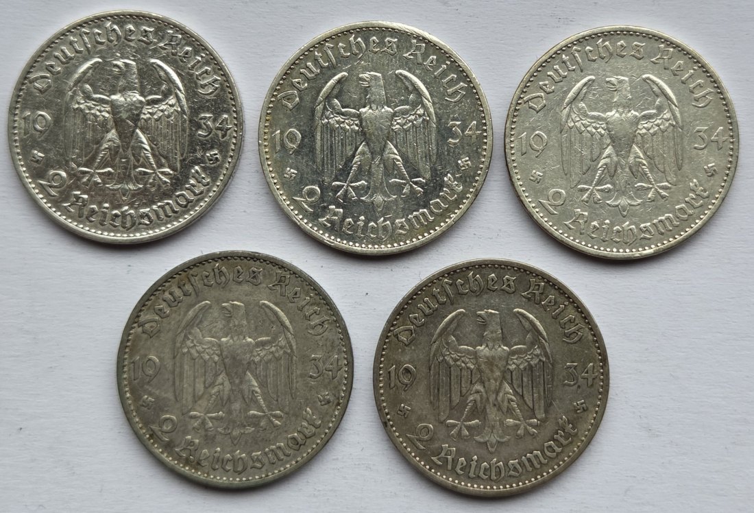  Deutsches Reich: 2 Mark Garnisonkirche 1934 (Jaeger 355), 5 Stück (alle A), zusammen 25 g Feinsilber   