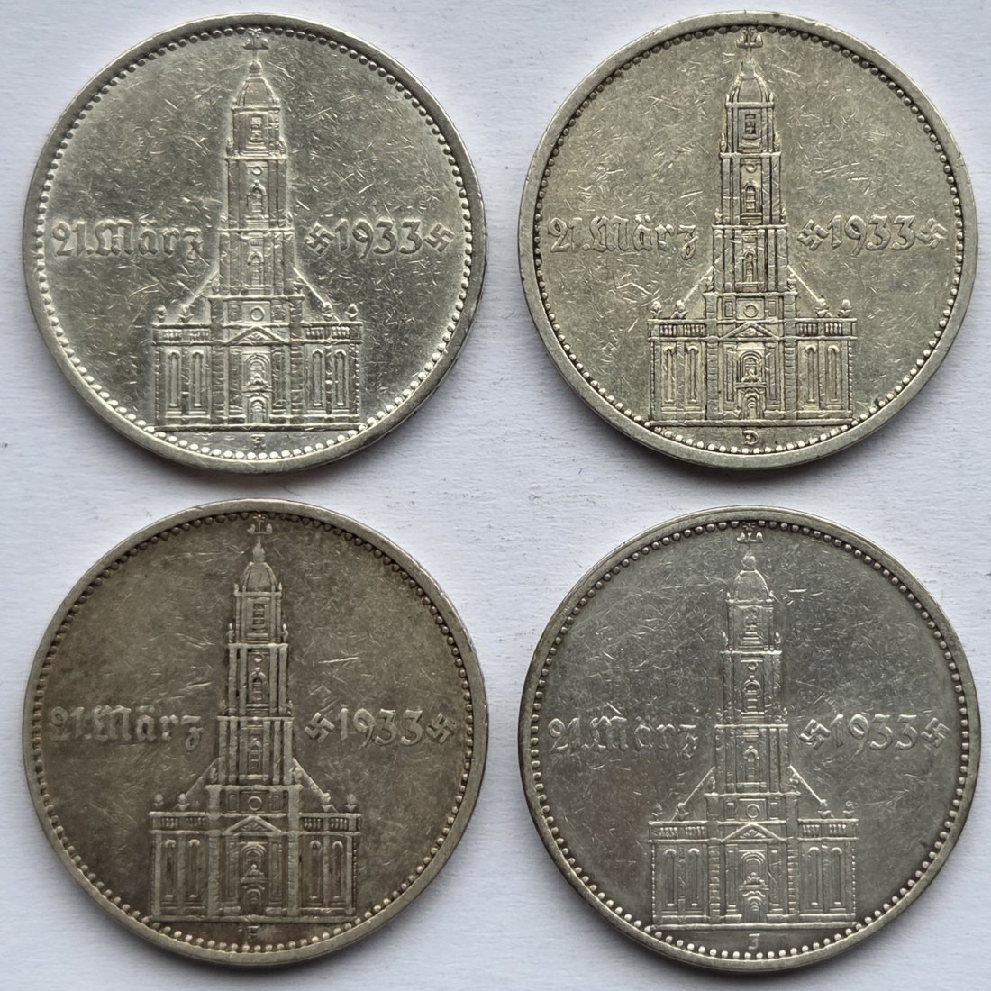  Deutsches Reich: 5 Mark Garnisonkirche 1934 (Jaeger 356), 4 Stück, zusammen 50 g Feinsilber   