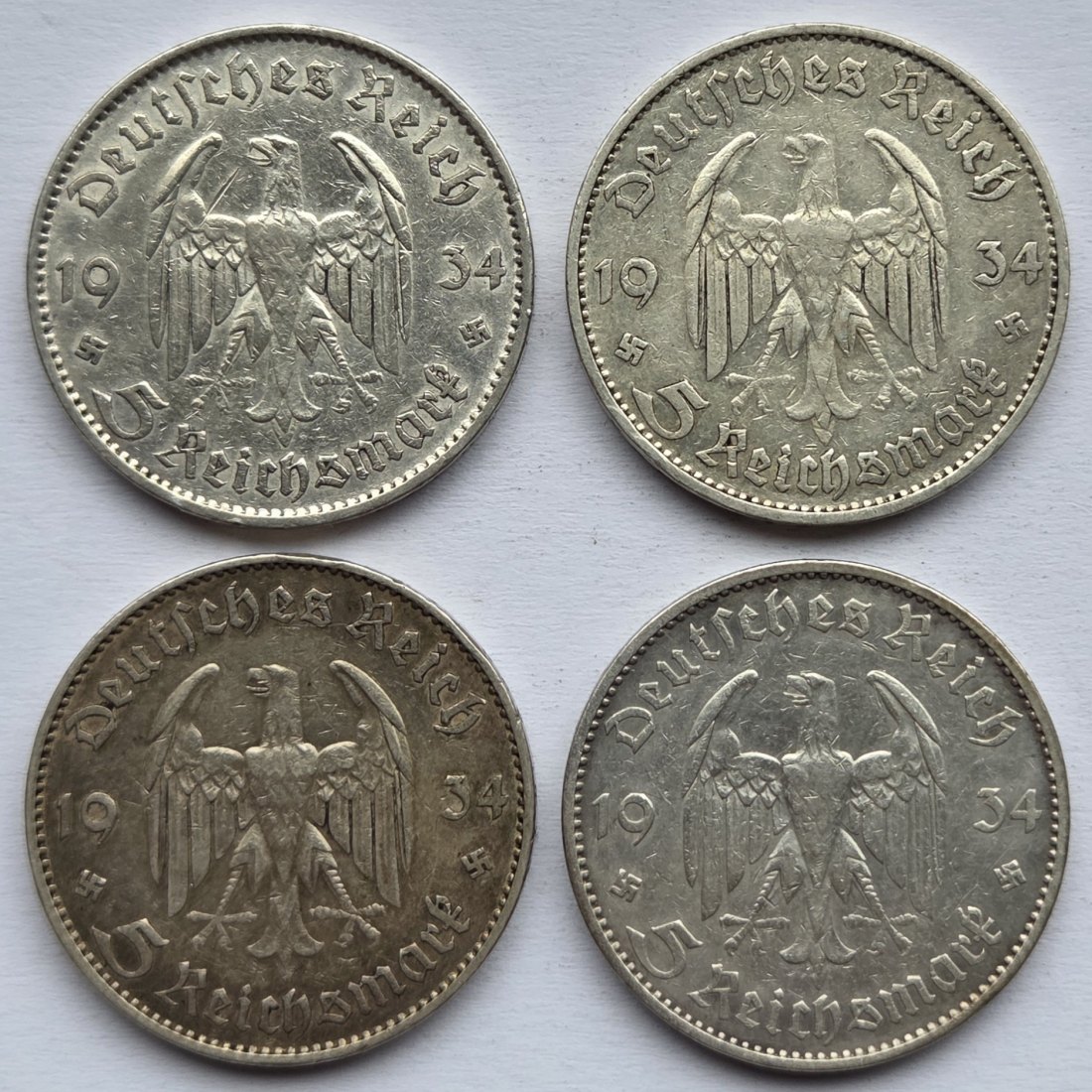 Deutsches Reich: 5 Mark Garnisonkirche 1934 (Jaeger 356), 4 Stück, zusammen 50 g Feinsilber   