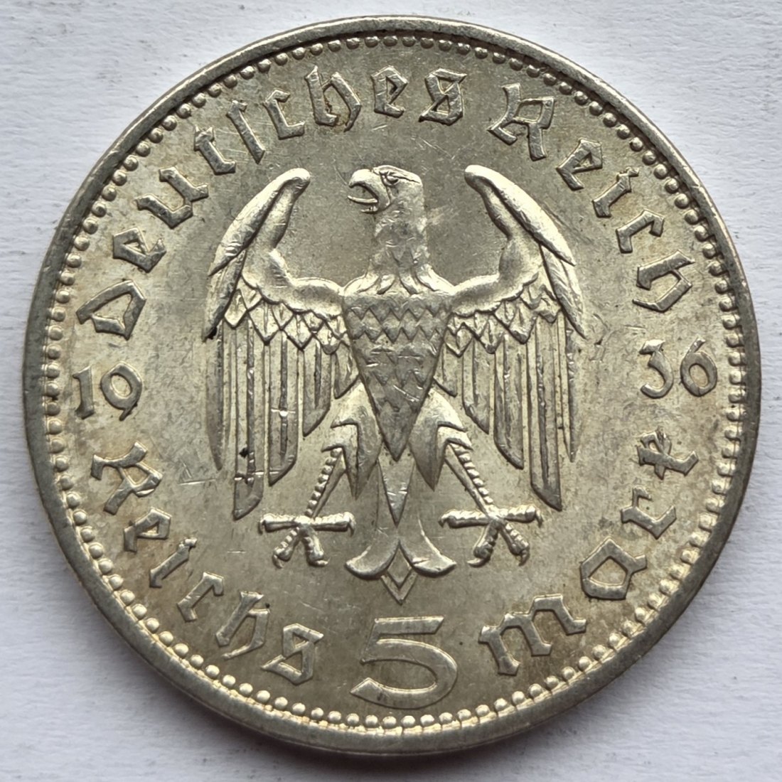  Deutsches Reich: 5 Mark Hindenburg (Jaeger 360), 1936 A, Top-Erhaltung   