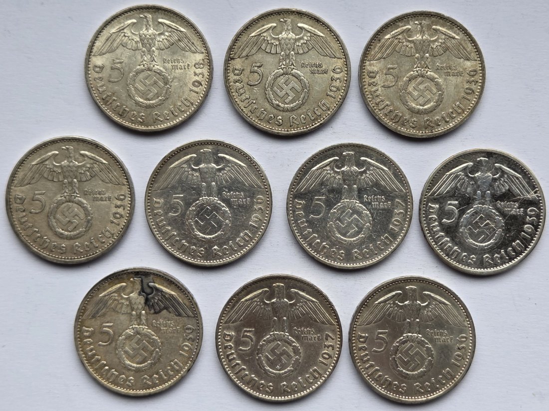  Deutsches Reich: 10 x 5 Mark Hindenburg, zusammen 125 g Feinsilber   