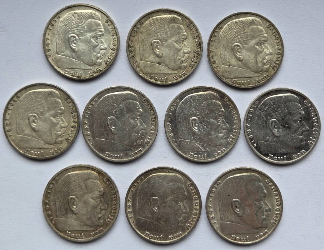  Deutsches Reich: 10 x 5 Mark Hindenburg, zusammen 125 g Feinsilber   