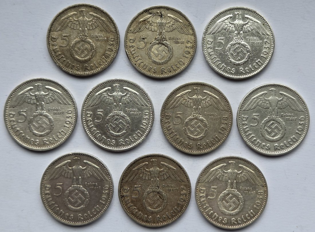  Deutsches Reich: 10 x 5 Mark Hindenburg, zusammen 125 g Feinsilber   