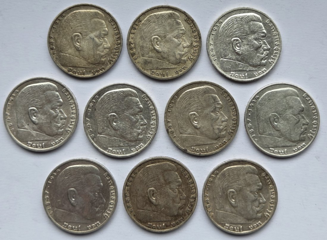  Deutsches Reich: 10 x 5 Mark Hindenburg, zusammen 125 g Feinsilber   