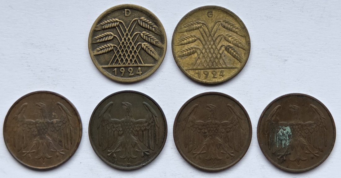  Weimarer Republik: Lot aus sechs Kleinmünzen   