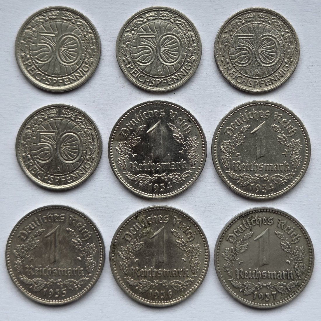  Deutsches Reich: Lot aus neun verschiedenen Jahrgängen 50 Pfennig/1 Mark Nickel   