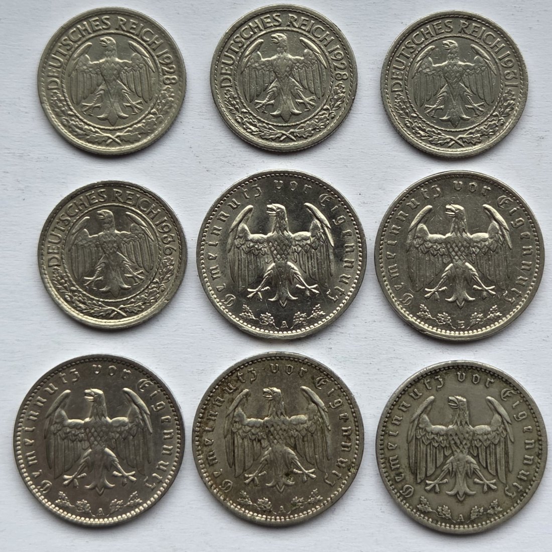  Deutsches Reich: Lot aus neun verschiedenen Jahrgängen 50 Pfennig/1 Mark Nickel   
