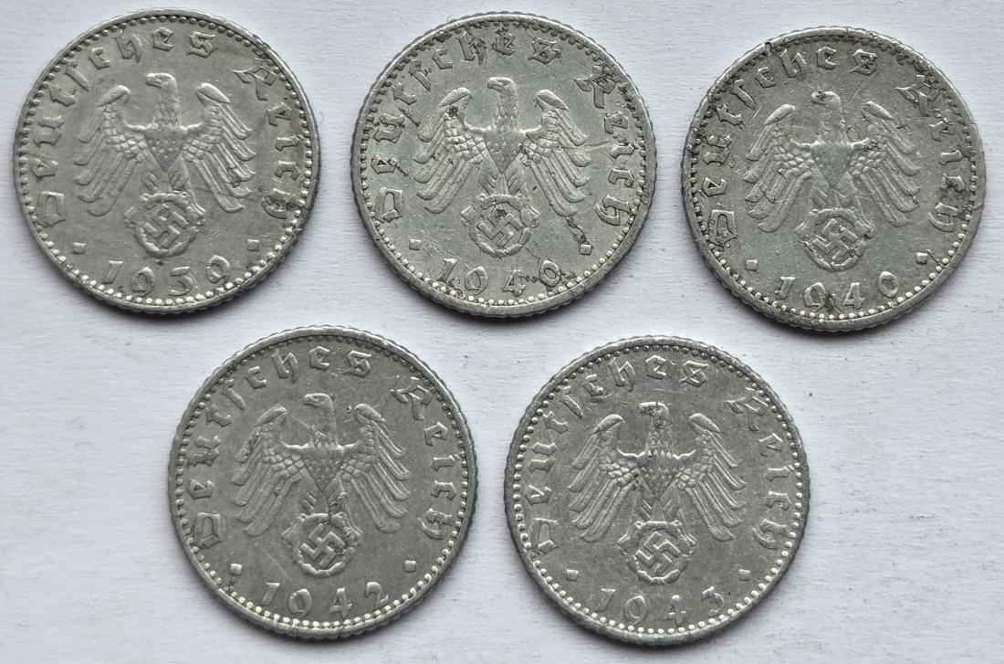  Deutsches Reich: Lot aus fünf seltenen Jahrgängen 50 Pfennig Aluminium   