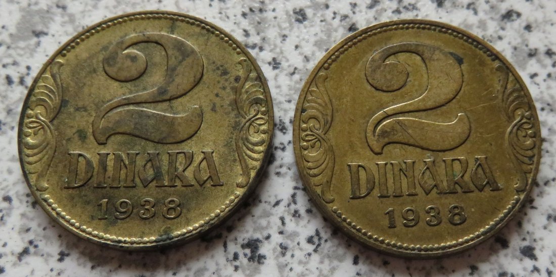  Königreich Jugoslawien 2 Dinar 1938, große und kleine Krone, KM 20 und 21   
