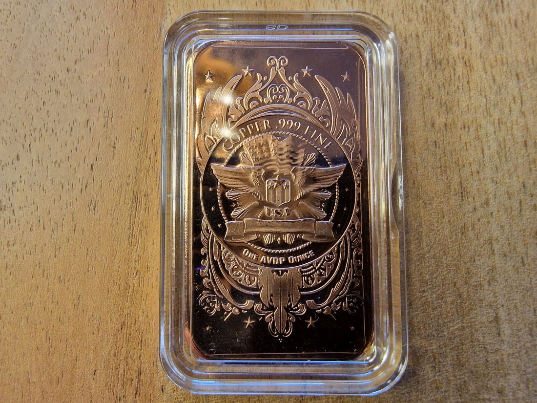  Kupferbarren American Buffalo 1 oz (AVDP) mit einem Kupfergehalt von .999   