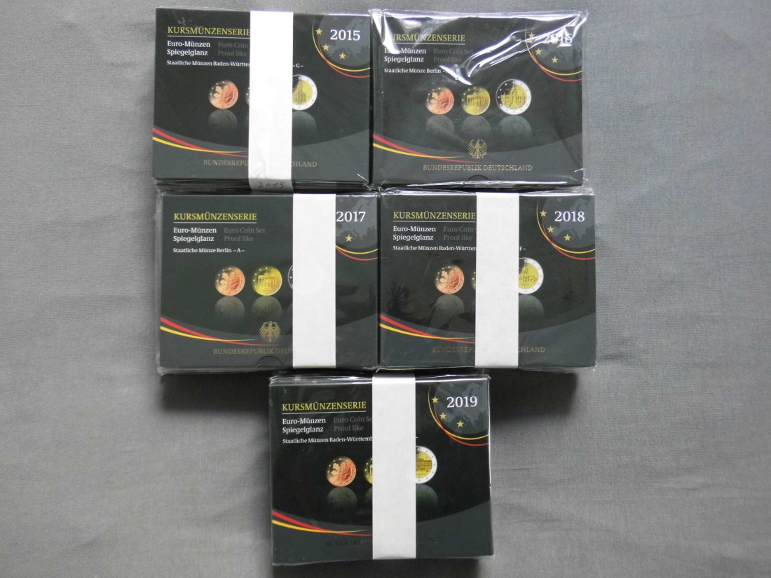  BRD 25 Euro Kursmünzsätze 2015-2019 alle A-J in Spiegelglanz in OVP   