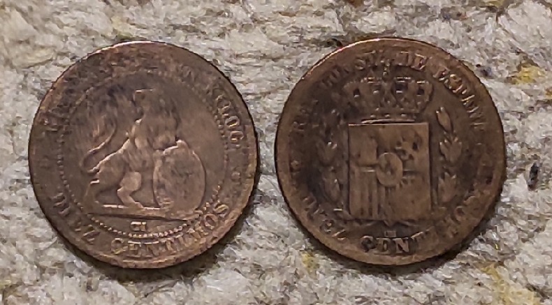  d013: Münzlot mit 2 altenspanischen Münzen 10 Centimos 1878, 10 Centimos 1870, weniger gut erhalten   