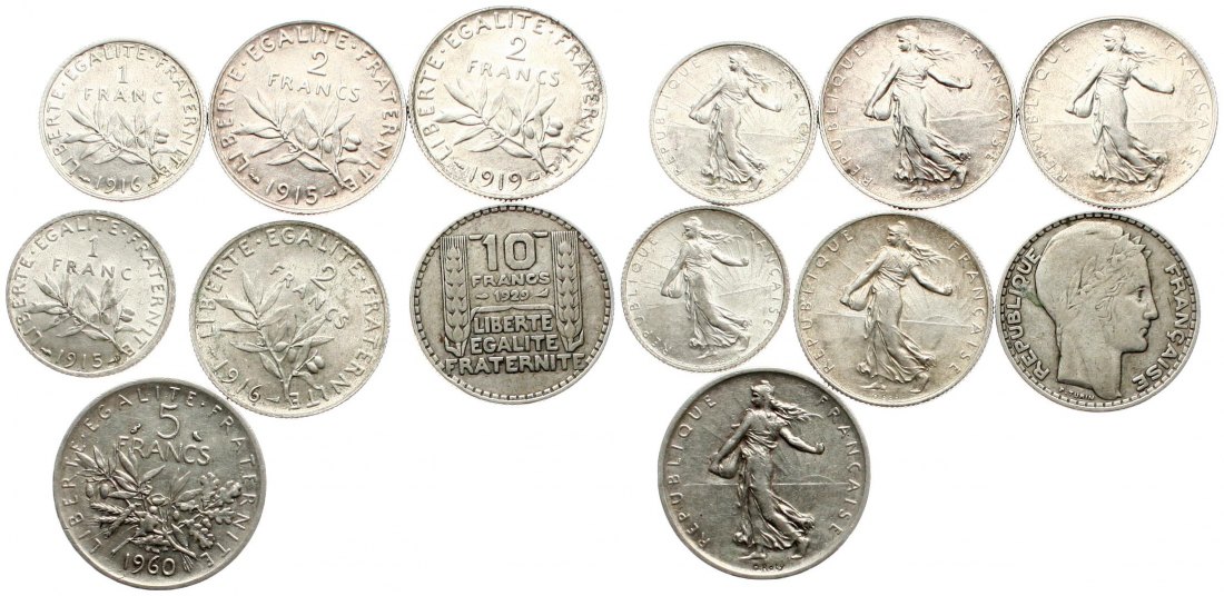  Frankreich: Wertvolles Lot von 7 Silbermünzen   
