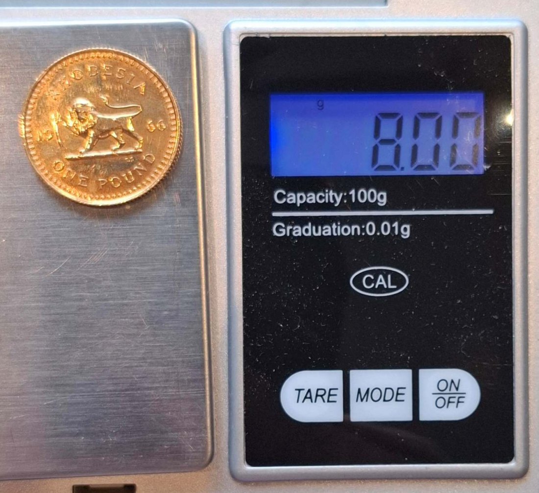  RHODESIA One Pound 1966, Gold: 0.9160, Weight: 7.9881 grams / 0.2353 oz   