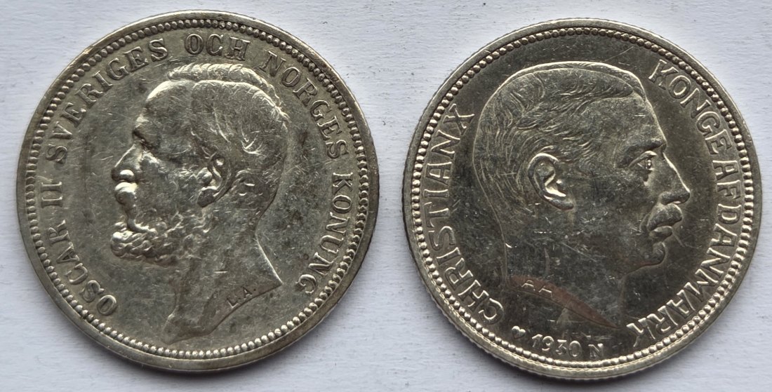  Schweden/Dänemark: 2 x 2 Kronen 1897 + 1930, zusammen 24 g Feinsilber   