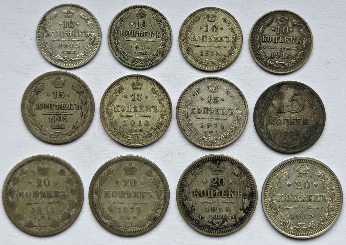  Russland: Lot aus zwölf verschiedenen Jahrgängen Silberkopeken, zusammen 16,2 g Feinsilber   