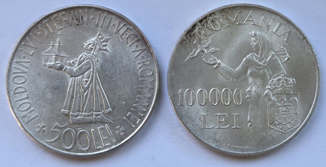  Rumänien: 500 Lei 1941 + 100.000 Lei 1946, zusammen 38,4 g Feinsilber   