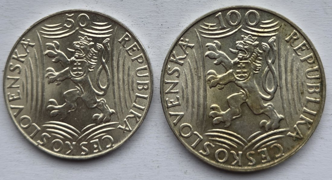  Tschechoslowakei: 50 + 100 Kronen Stalin 1949, zusammen 12 g Feinsilber   