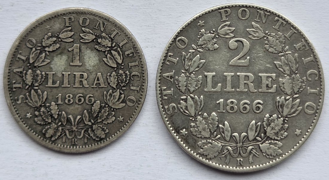  Kirchenstaat: 1 + 2 Lire Pius IX. 1866   