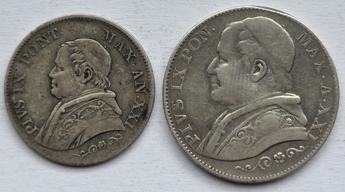  Kirchenstaat: 1 + 2 Lire Pius IX. 1866   