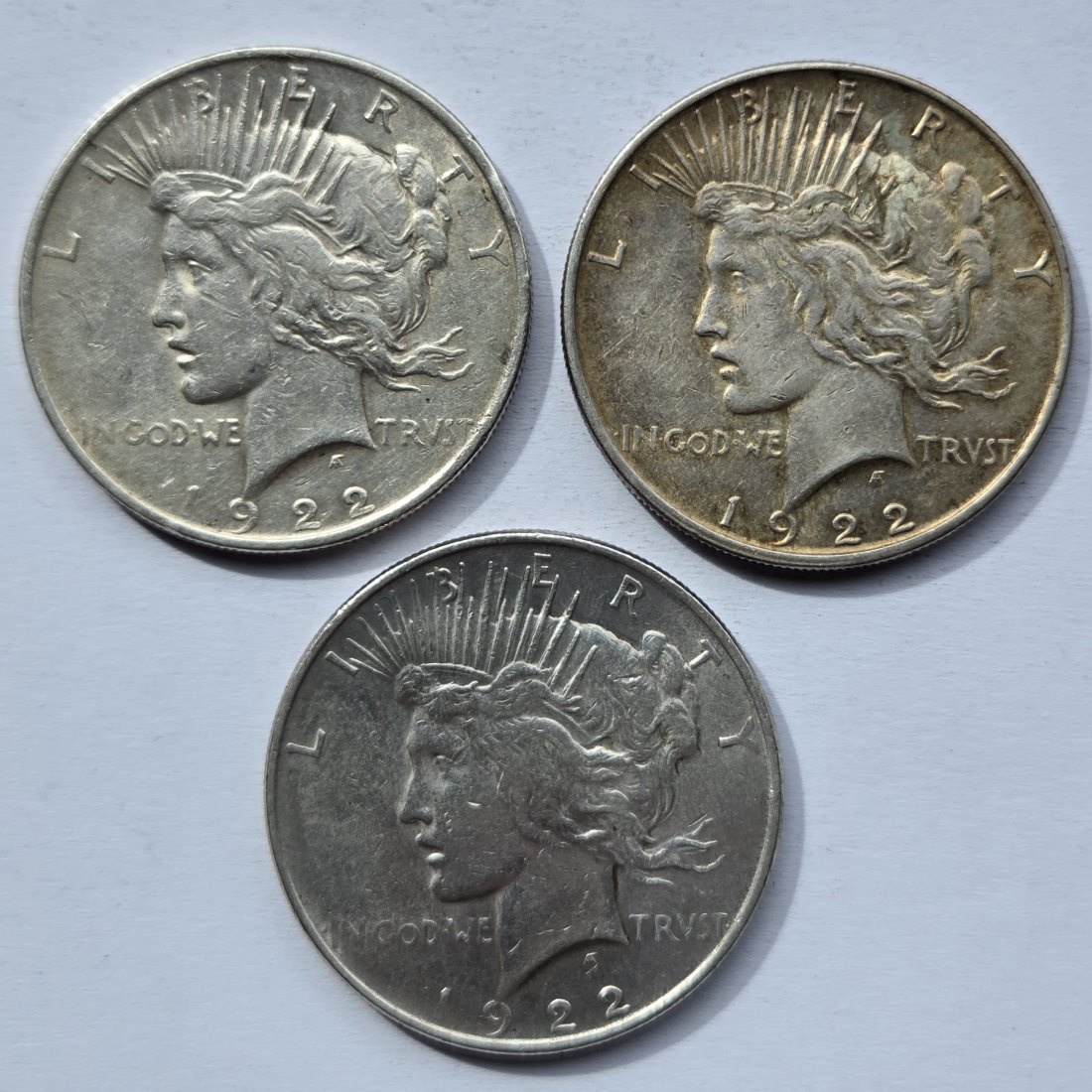  USA Vereinigte Staaten: 1 Dollar (Peace-Dollar) 1922, 3 Stück   
