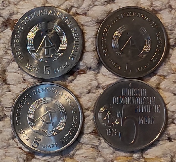  d001: DDR Münzlot mit 4 verschiedenen 5 Mark Stücken   