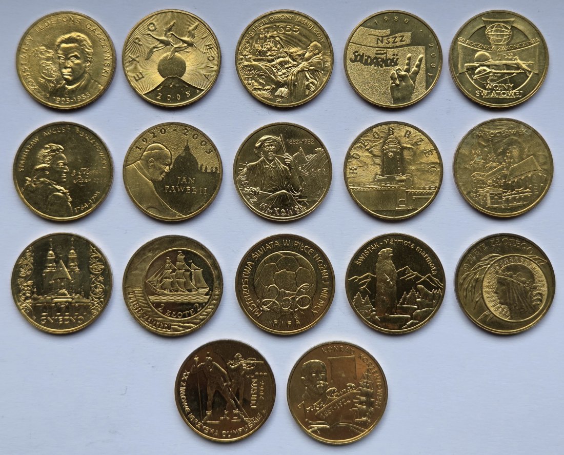  Polen: Lot aus 17 verschiedenen 2-Zloty-Gedenkmünzen 2005-2007   